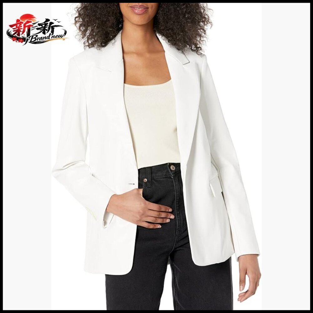 Faux Leather Blazer with Button Cuffs and Functional Pockets